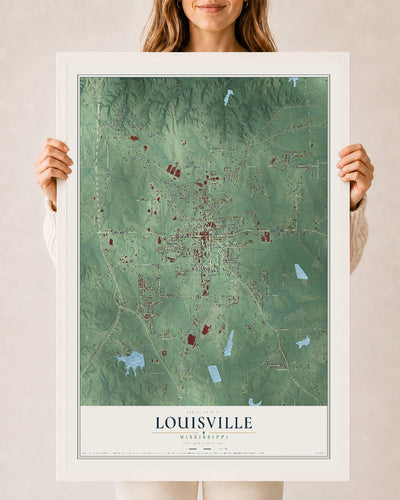 Map of Louisville, Mississippi, 24 x 36 inch print in a white wood frame