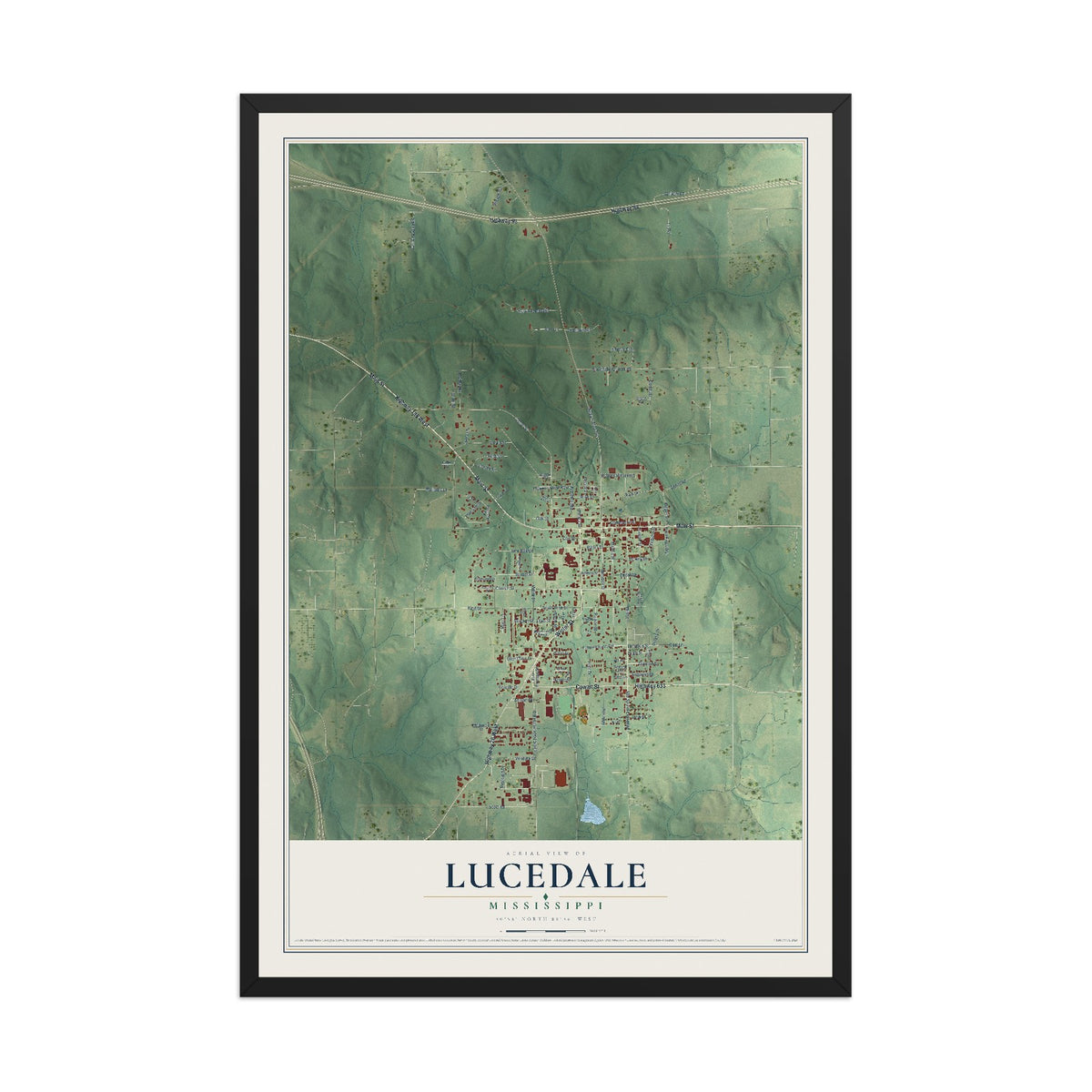 Map of Lucedale, Mississippi, 12 x 18 inch print in a black wood frame