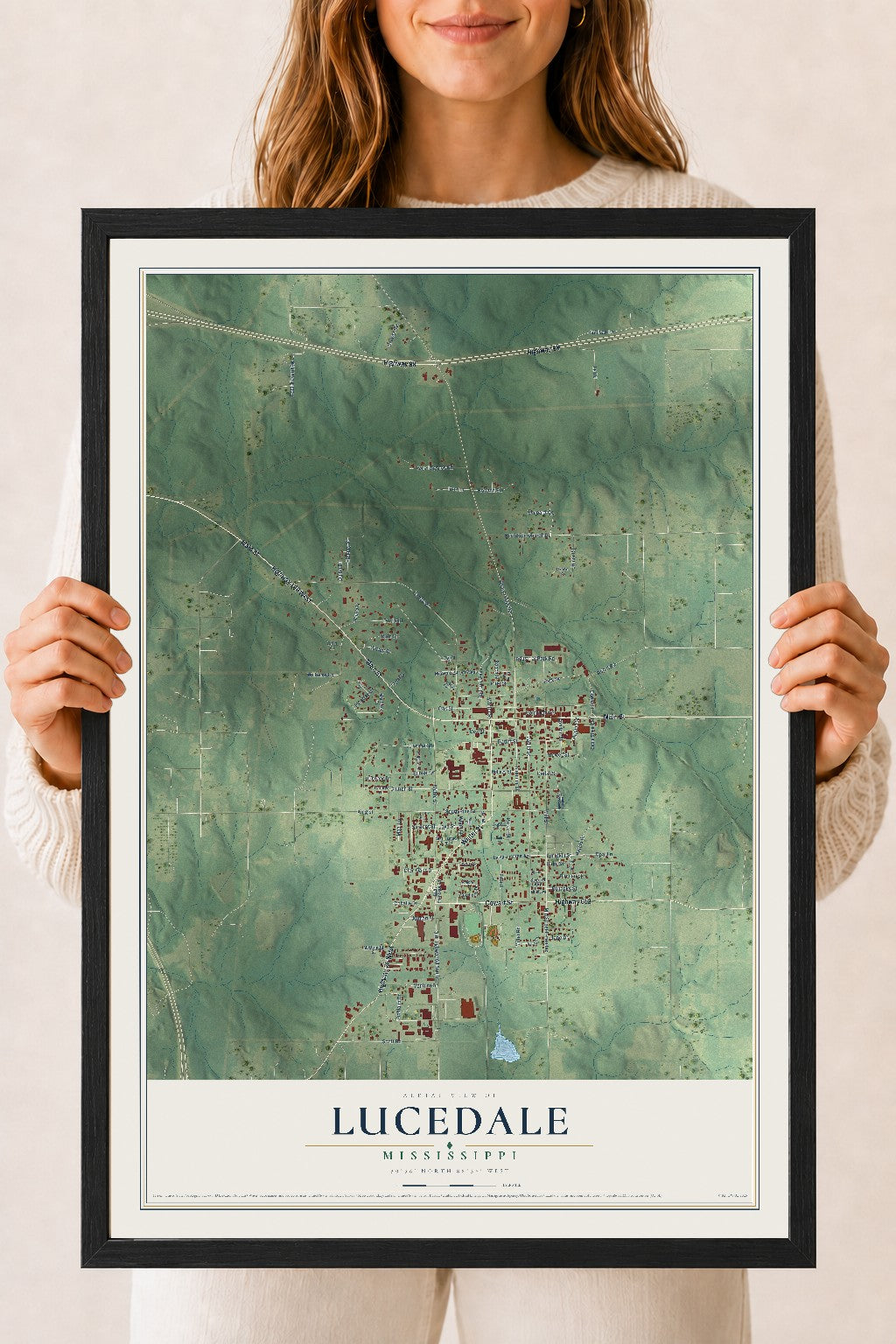 Map of Lucedale, Mississippi, 18 x 24 inch print in a black wood frame
