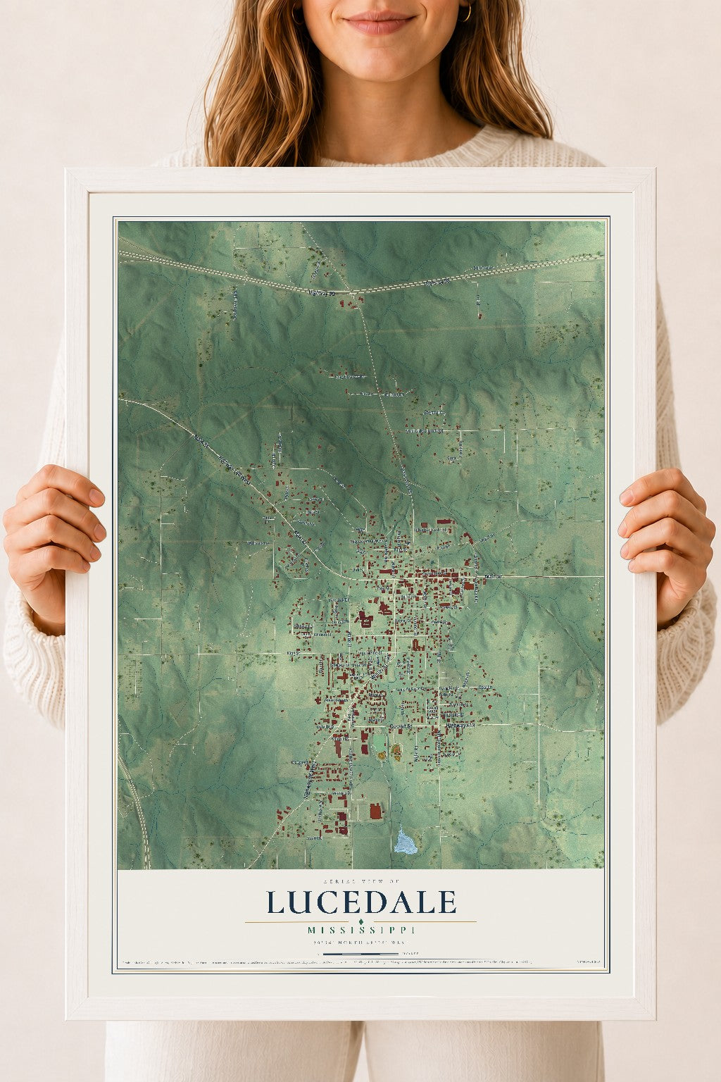 Map of Lucedale, Mississippi, 18 x 24 inch print in a white wood frame