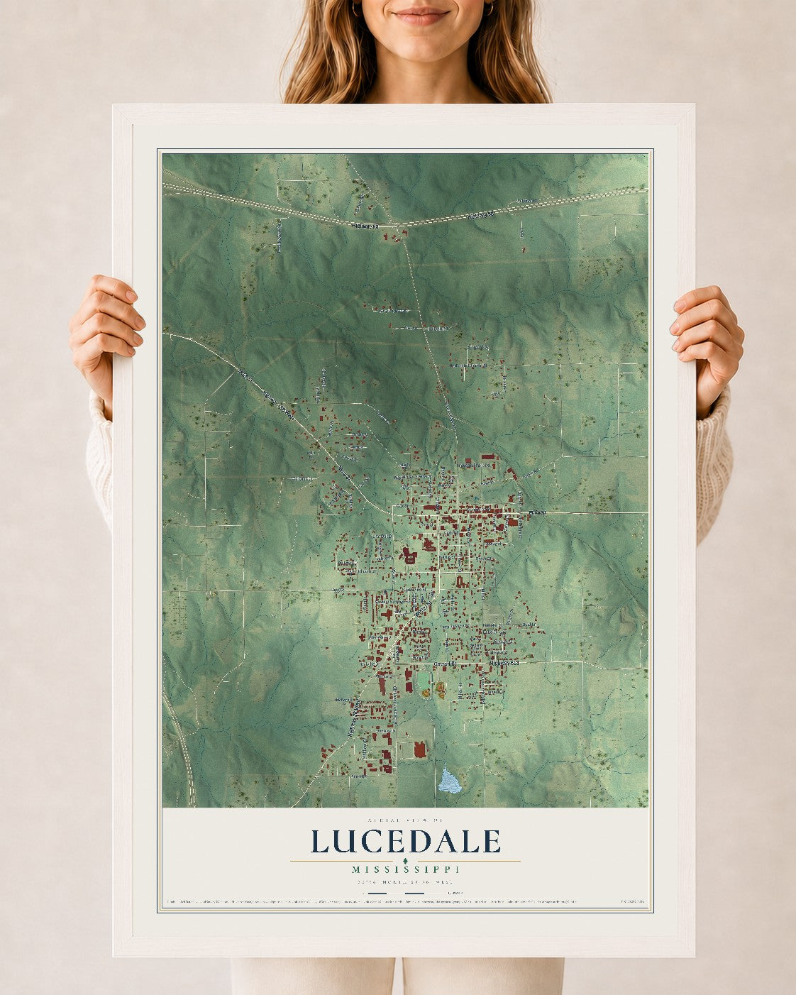 Map of Lucedale, Mississippi, 24 x 36 inch print in a white wood frame