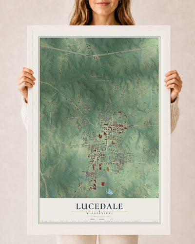 Map of Lucedale, Mississippi, 24 x 36 inch print in a white wood frame