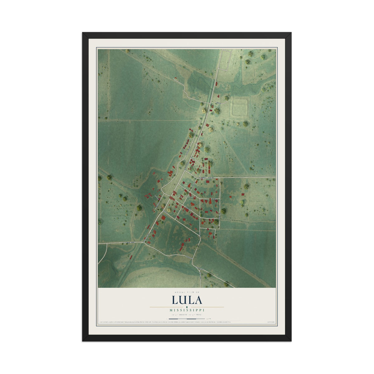Map of Lula, Mississippi, 12 x 18 inch print in a black wood frame