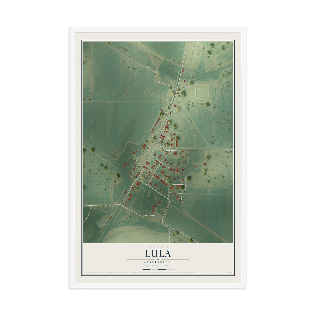 Map of Lula, Mississippi, 12 x 18 inch print in a white wood frame