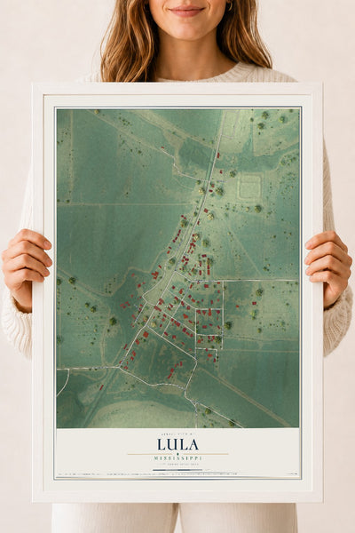 Map of Lula, Mississippi, 18 x 24 inch print in a white wood frame