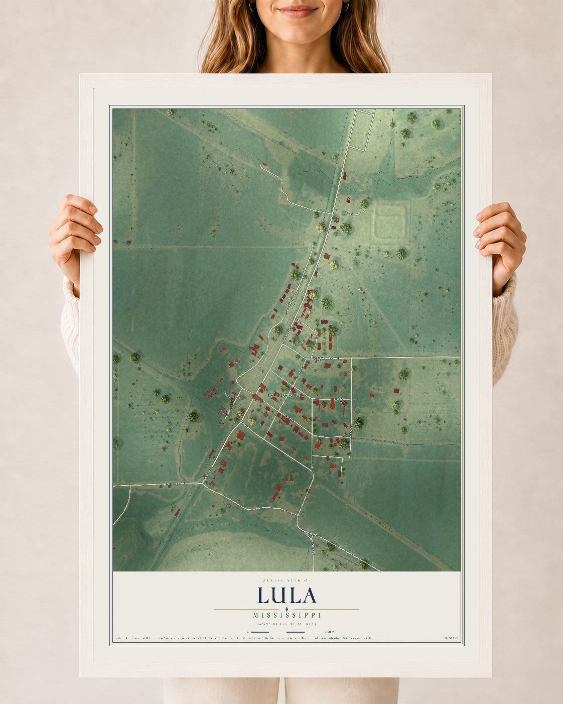 Map of Lula, Mississippi, 24 x 36 inch print in a white wood frame