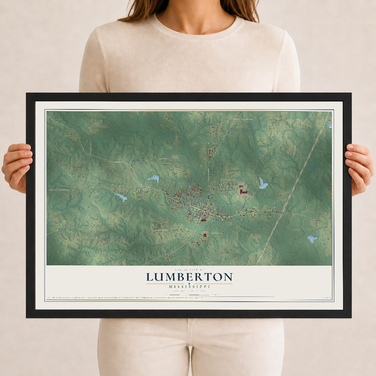 Map of Lumberton, Mississippi, 12 x 18 inch print in a black wood frame
