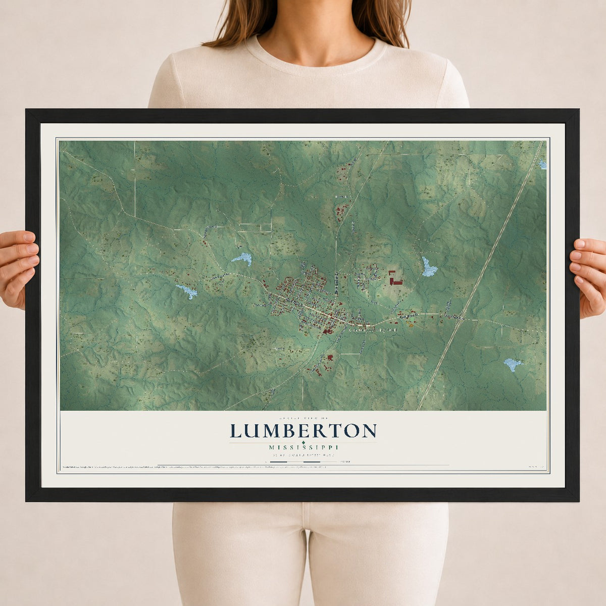 Map of Lumberton, Mississippi, 18 x 24 inch print in a black wood frame