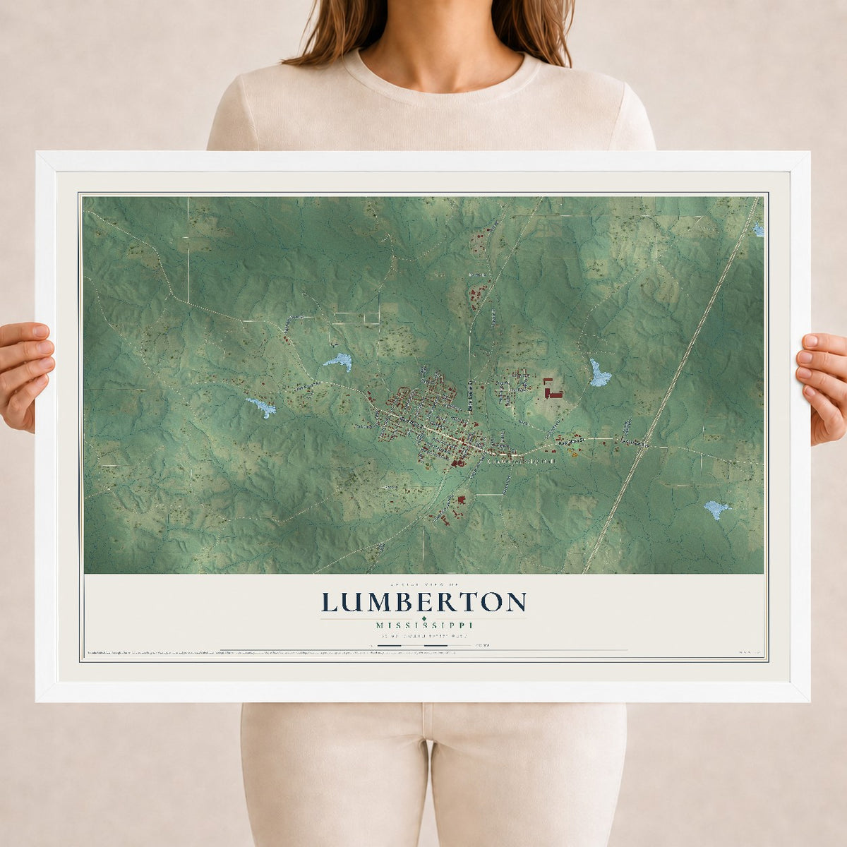 Map of Lumberton, Mississippi, 18 x 24 inch print in a white wood frame