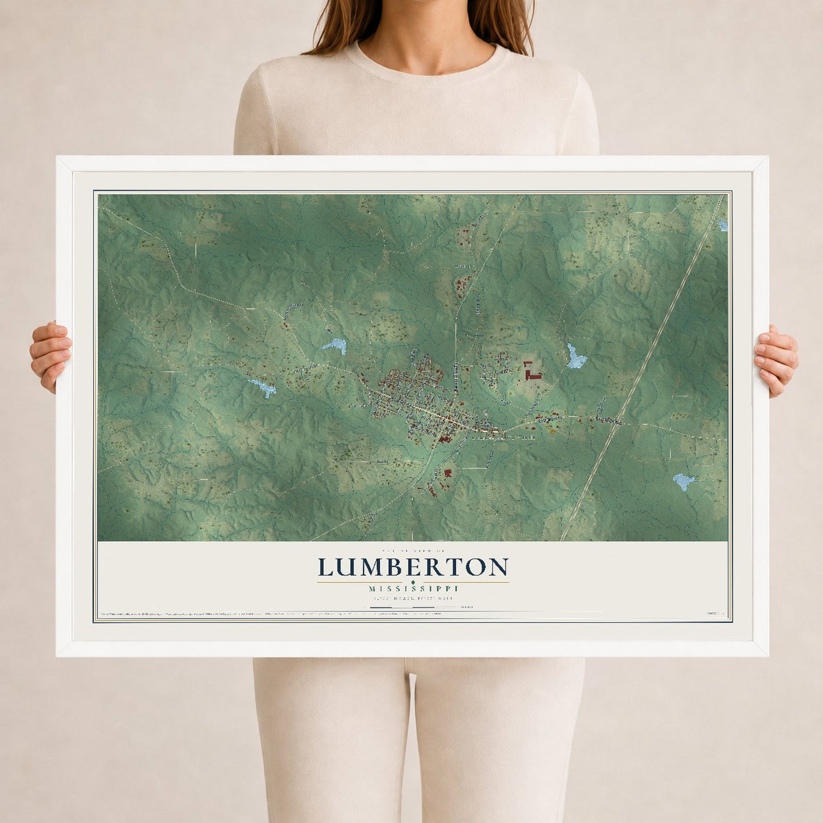 Map of Lumberton, Mississippi, 24 x 36 inch print in a white wood frame
