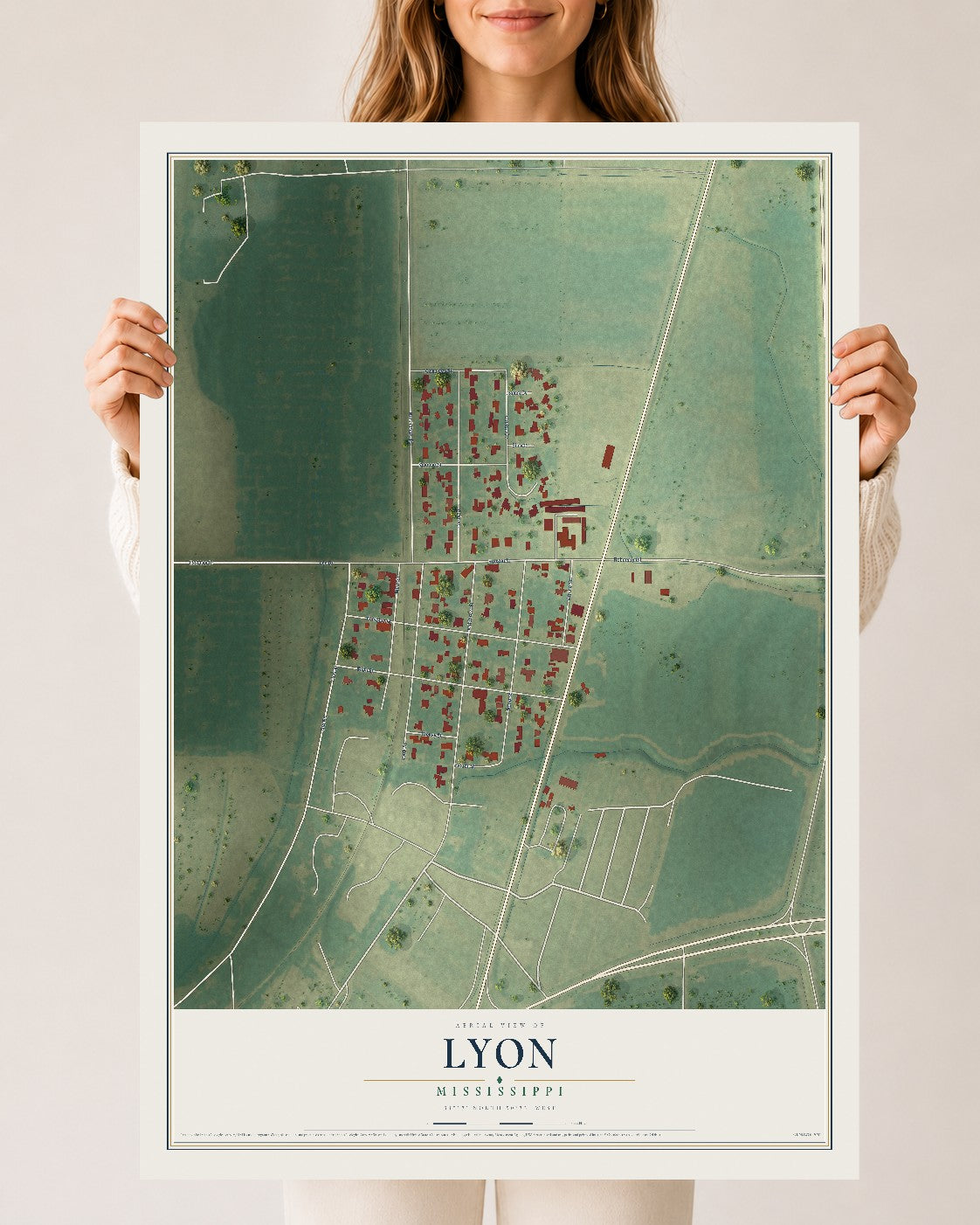 Map of Lyon, Mississippi, 24 x 36 inch unframed archival matte print
