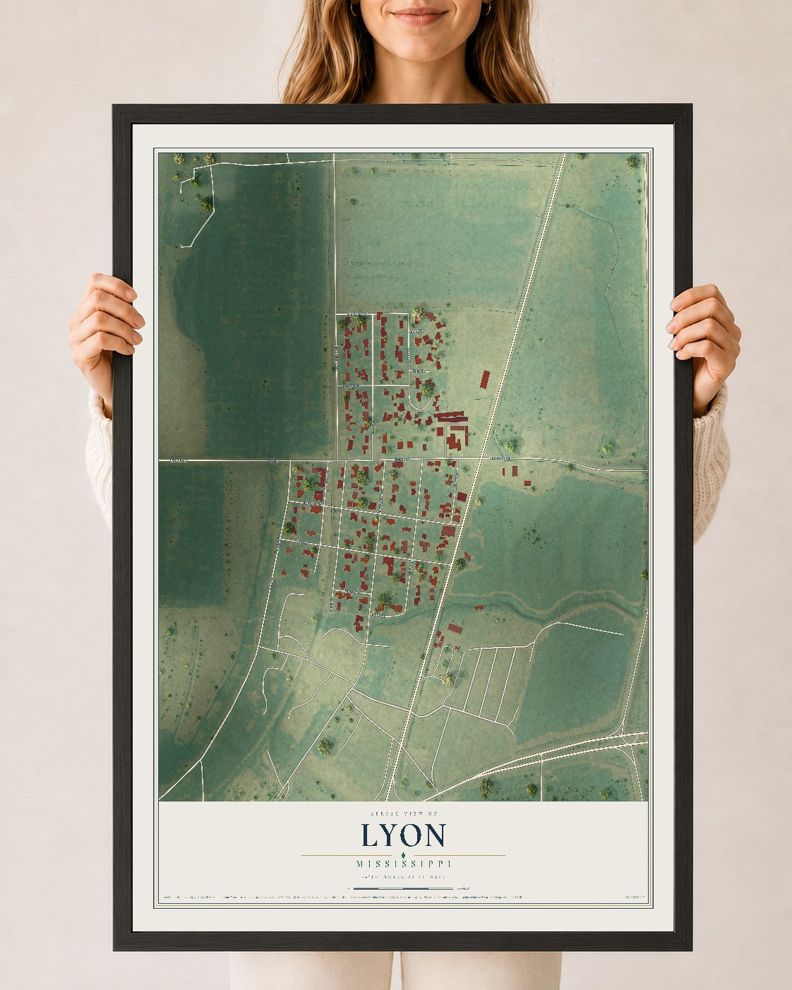 Map of Lyon, Mississippi, 24 x 36 inch print in a black wood frame