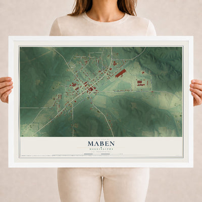Map of Maben, Mississippi, 18 x 24 inch print in a white wood frame