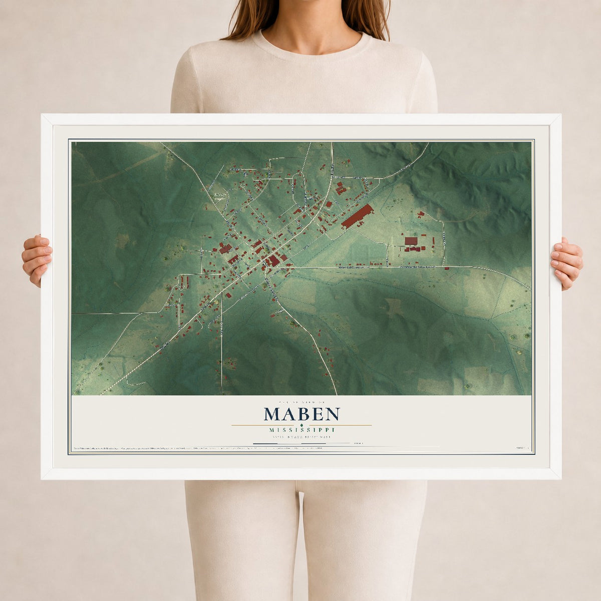 Map of Maben, Mississippi, 24 x 36 inch print in a white wood frame