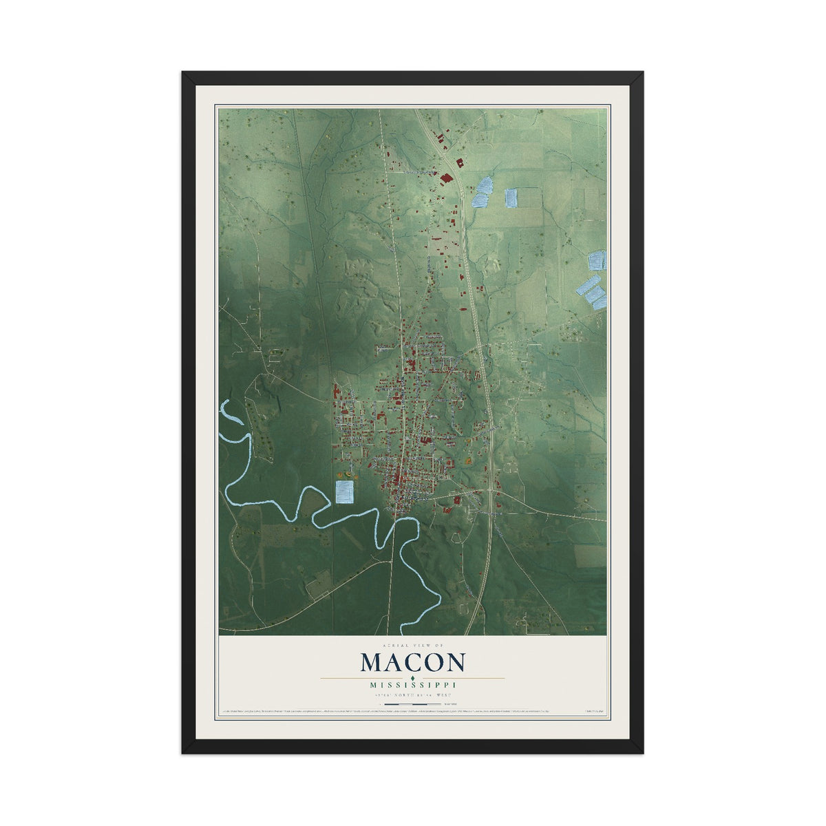 Map of Macon, Mississippi, 12 x 18 inch print in a black wood frame