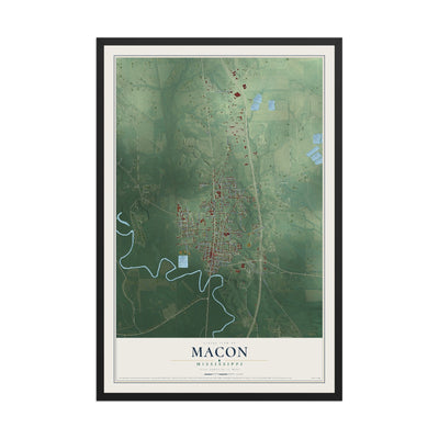 Map of Macon, Mississippi, 12 x 18 inch print in a black wood frame