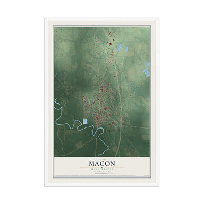 Map of Macon, Mississippi, 12 x 18 inch print in a white wood frame