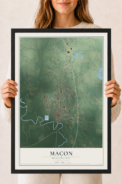 Map of Macon, Mississippi, 18 x 24 inch print in a black wood frame