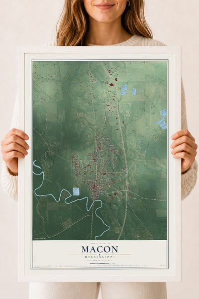 Map of Macon, Mississippi, 18 x 24 inch print in a white wood frame