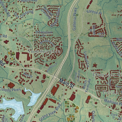 Second close-up of the map of Madison, Mississippi print showing more streets and buildings