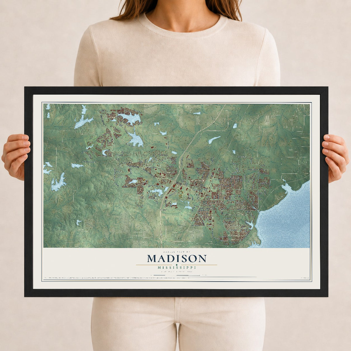 Map of Madison, Mississippi, 12 x 18 inch print in a black wood frame