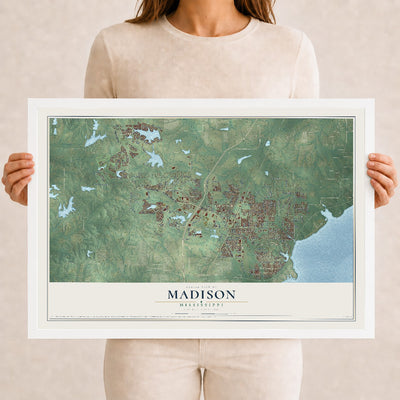 Map of Madison, Mississippi, 12 x 18 inch print in a white wood frame