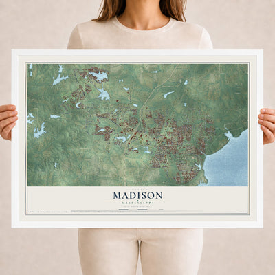 Map of Madison, Mississippi, 18 x 24 inch print in a white wood frame
