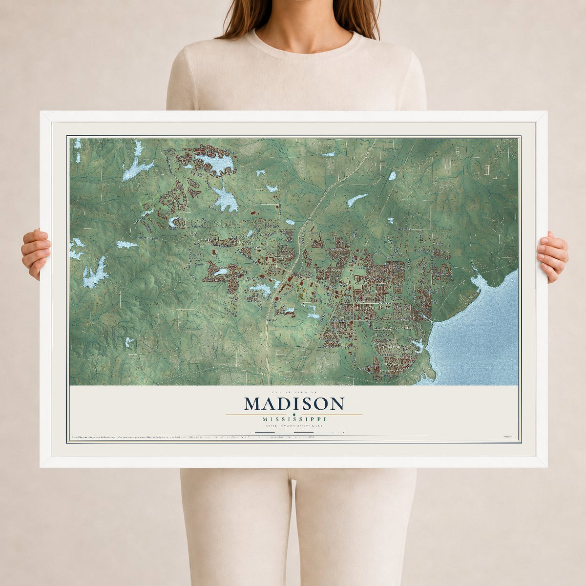 Map of Madison, Mississippi, 24 x 36 inch print in a white wood frame