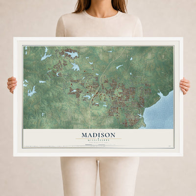 Map of Madison, Mississippi, 24 x 36 inch print in a white wood frame