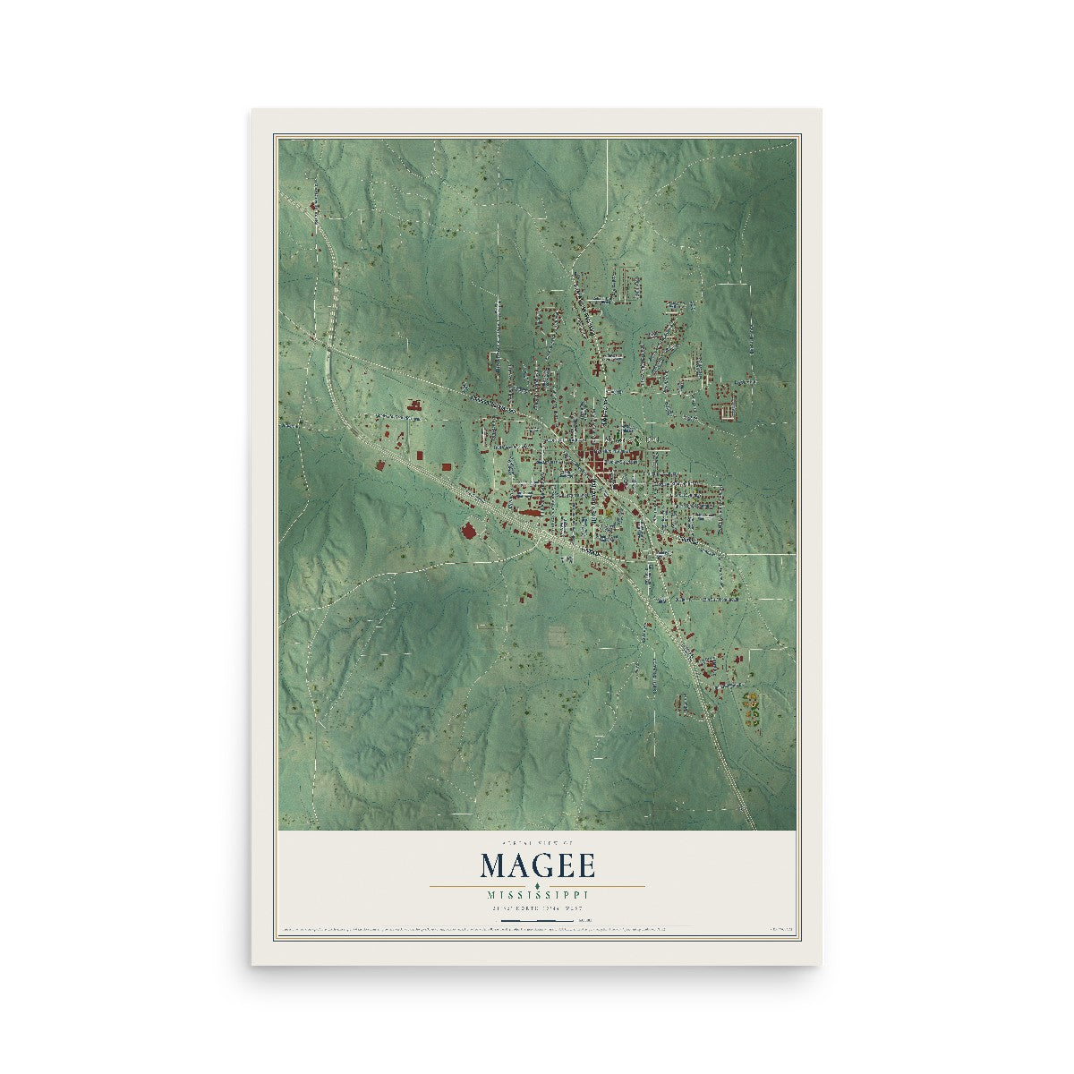 Map of Magee, Mississippi, 12 x 18 inch unframed archival matte print