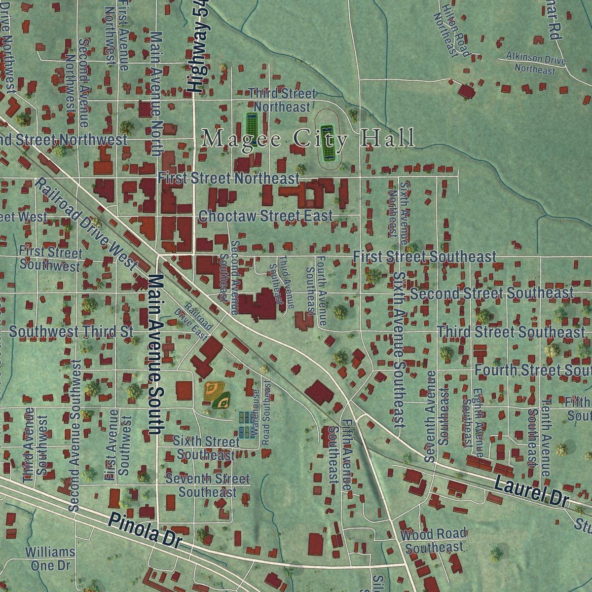 Close-up of the map of Magee, Mississippi print showing street and building detail