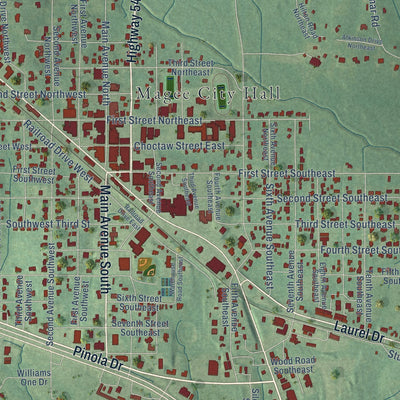 Close-up of the map of Magee, Mississippi print showing street and building detail