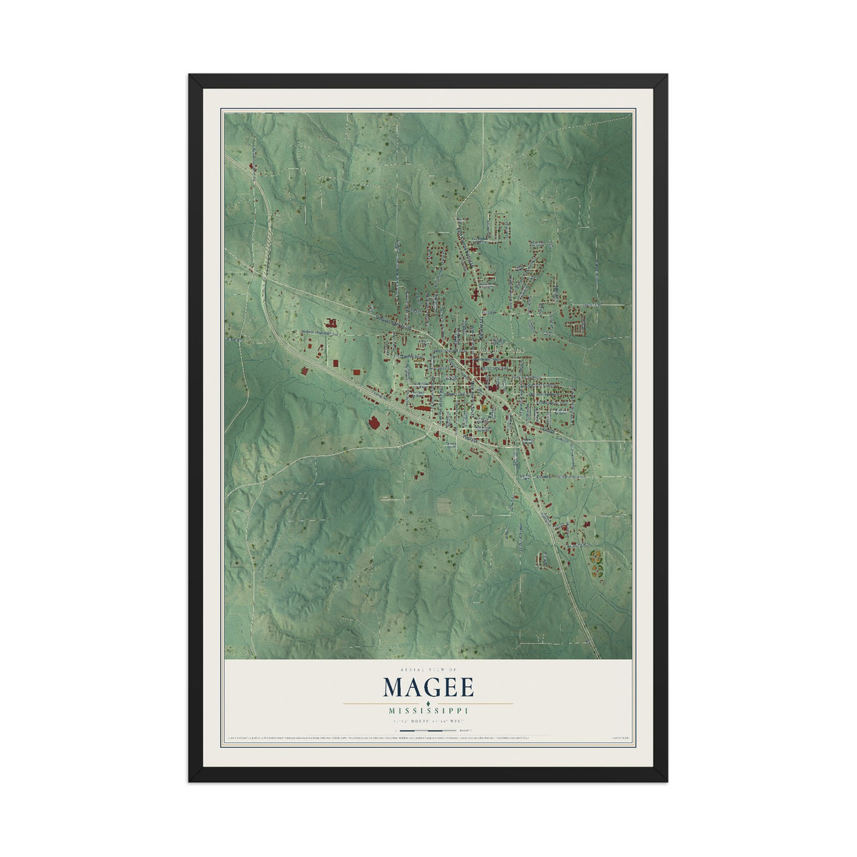 Map of Magee, Mississippi, 12 x 18 inch print in a black wood frame
