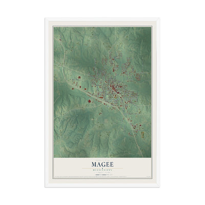 Map of Magee, Mississippi, 12 x 18 inch print in a white wood frame