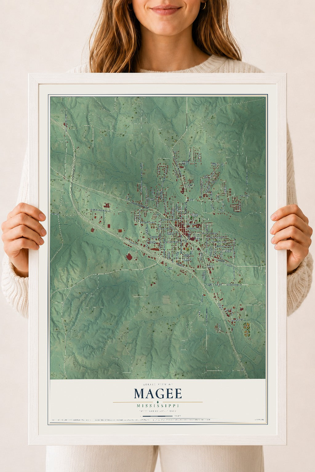 Map of Magee, Mississippi, 18 x 24 inch print in a white wood frame