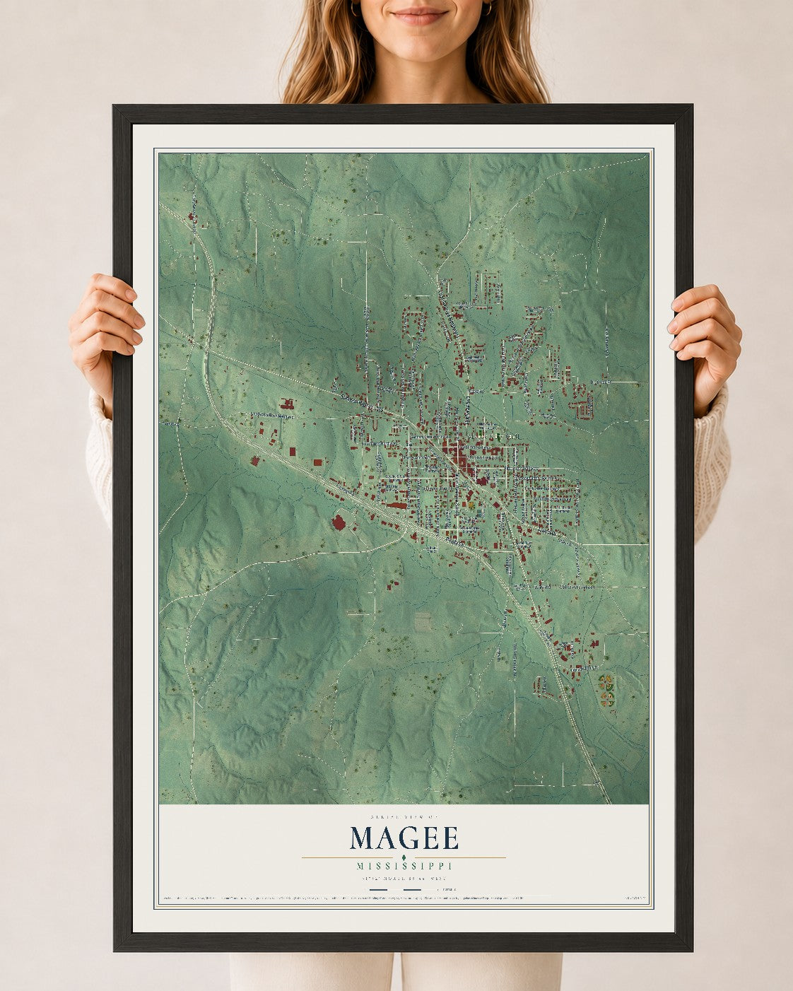 Map of Magee, Mississippi, 24 x 36 inch print in a black wood frame
