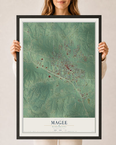 Map of Magee, Mississippi, 24 x 36 inch print in a black wood frame