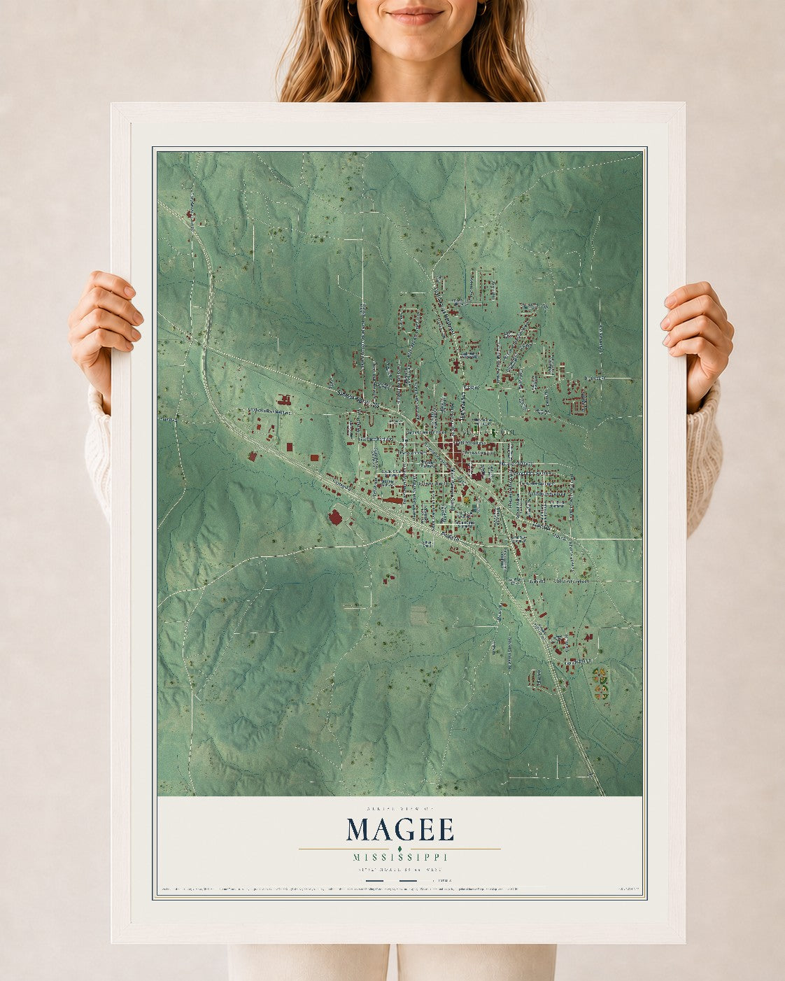 Map of Magee, Mississippi, 24 x 36 inch print in a white wood frame