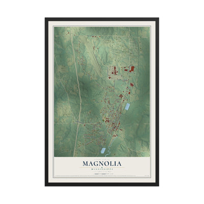 Map of Magnolia, Mississippi, 12 x 18 inch print in a black wood frame
