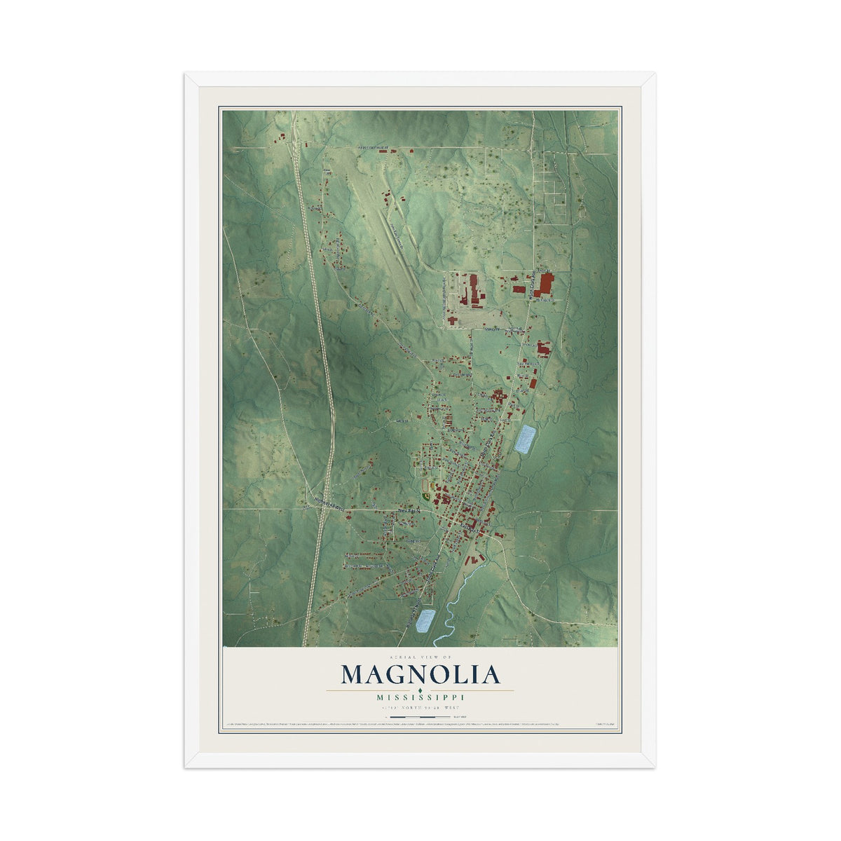 Map of Magnolia, Mississippi, 12 x 18 inch print in a white wood frame