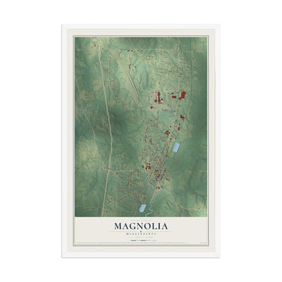 Map of Magnolia, Mississippi, 12 x 18 inch print in a white wood frame