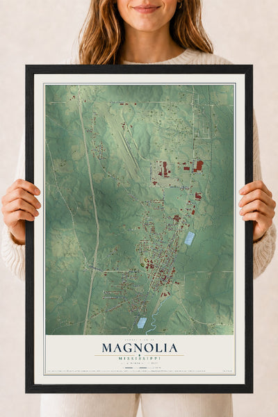 Map of Magnolia, Mississippi, 18 x 24 inch print in a black wood frame