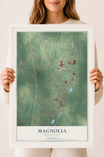 Map of Magnolia, Mississippi, 18 x 24 inch print in a white wood frame