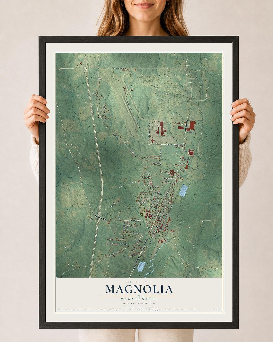 Map of Magnolia, Mississippi, 24 x 36 inch print in a black wood frame
