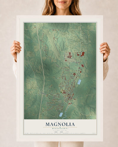 Map of Magnolia, Mississippi, 24 x 36 inch print in a white wood frame