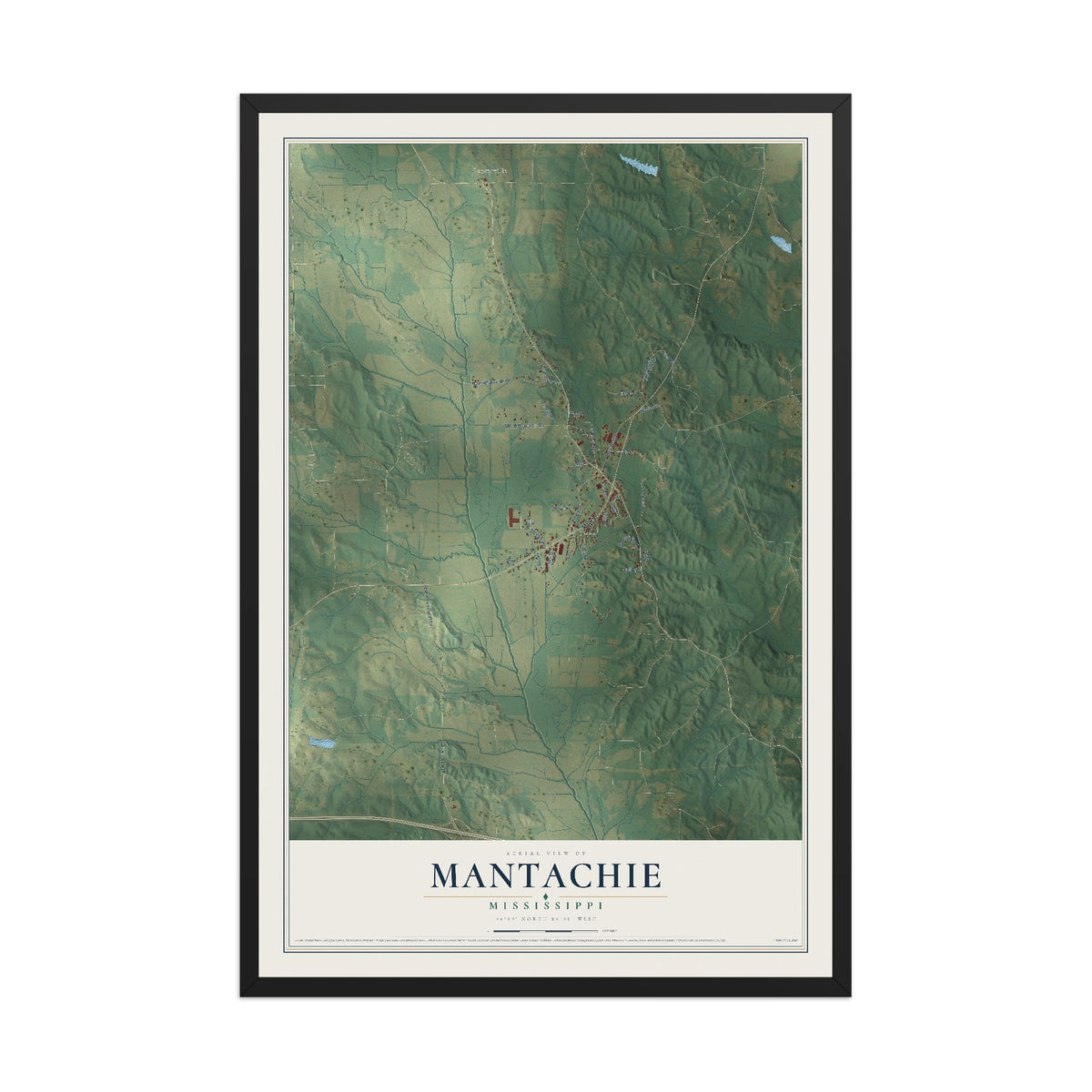 Map of Mantachie, Mississippi, 12 x 18 inch print in a black wood frame