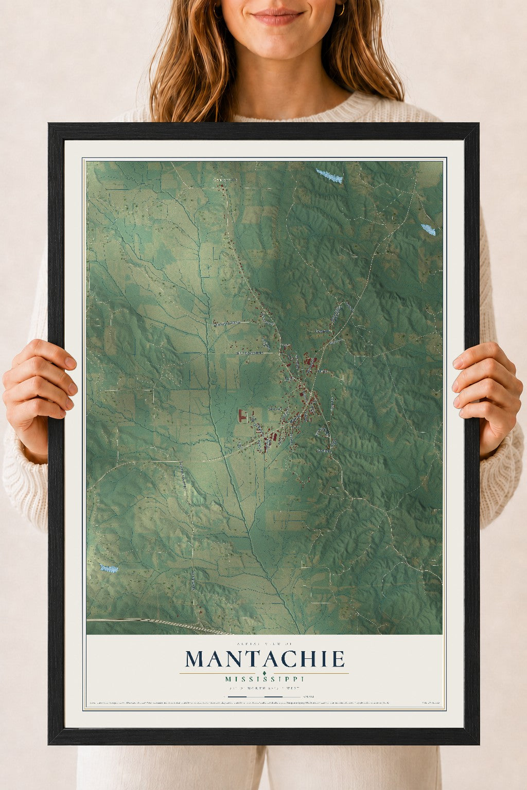 Map of Mantachie, Mississippi, 18 x 24 inch print in a black wood frame