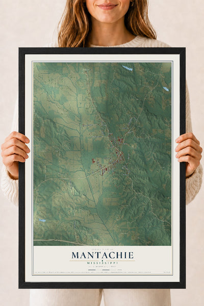 Map of Mantachie, Mississippi, 18 x 24 inch print in a black wood frame