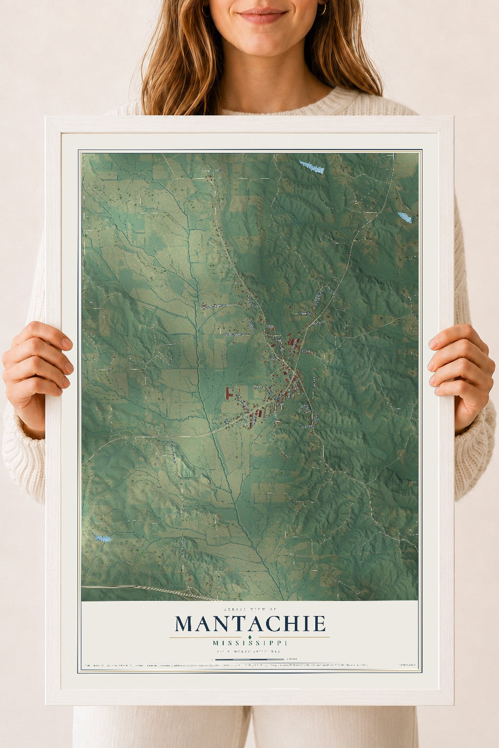Map of Mantachie, Mississippi, 18 x 24 inch print in a white wood frame