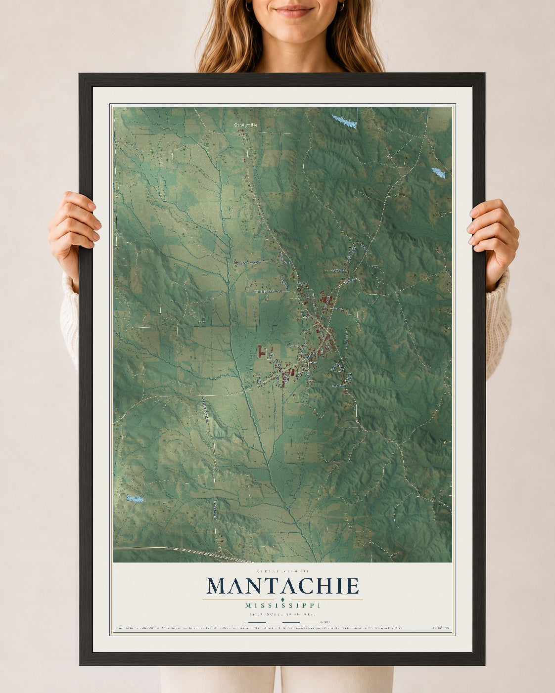 Map of Mantachie, Mississippi, 24 x 36 inch print in a black wood frame